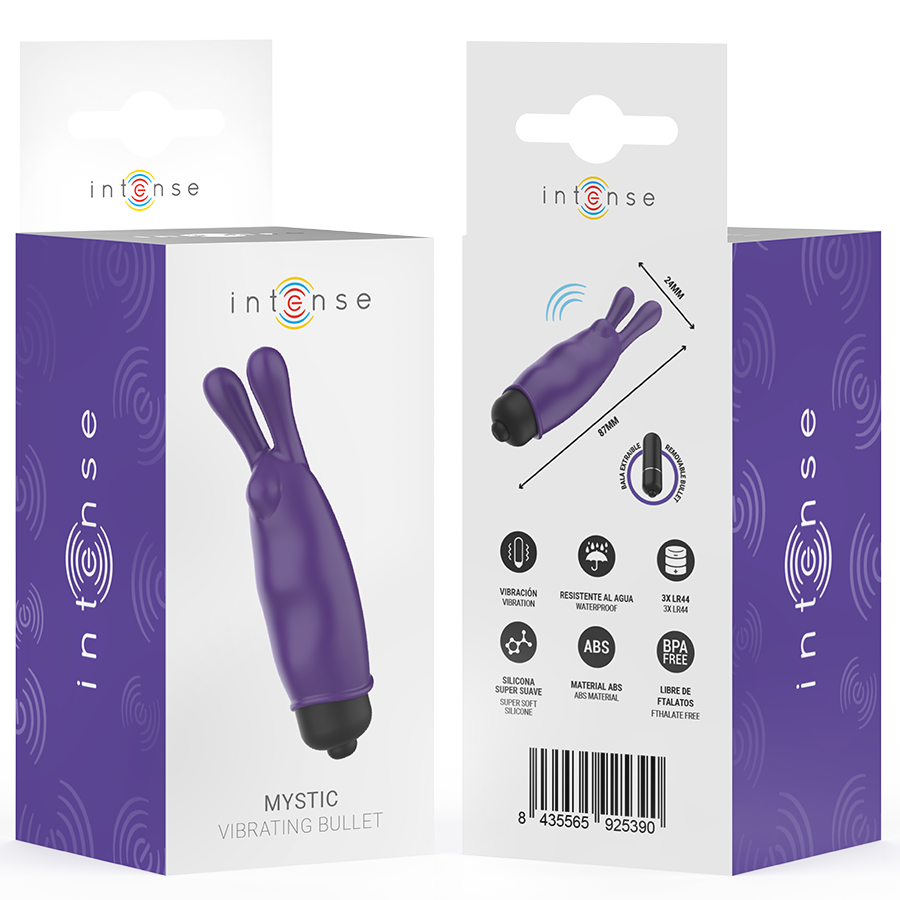 Emballage recto verso du bullet lapin Mystic Intense, boite violette detaillant pictogrammes et code-barres du mini vibromasseur en silicone