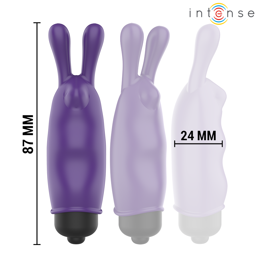 Trois mini vibromasseurs lapin Intense en degrade de violet, hauteur 87 mm largeur 24 mm, oreilles souples en silicone pour la stimulation clitoridienne