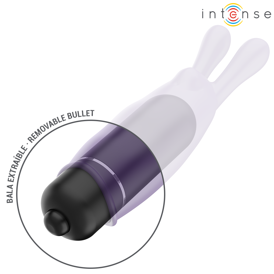 Gros plan sur la balle vibrante amovible chromee du mini vibromasseur lapin Intense logee dans sa coque silicone violet translucide