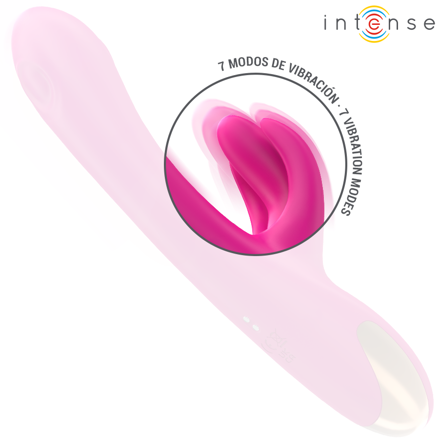 Gros plan sur la branche souple a sept modes de vibration du rabbit Christine Intense en silicone fuchsia, dediee a la stimulation ciblee du clitoris.
