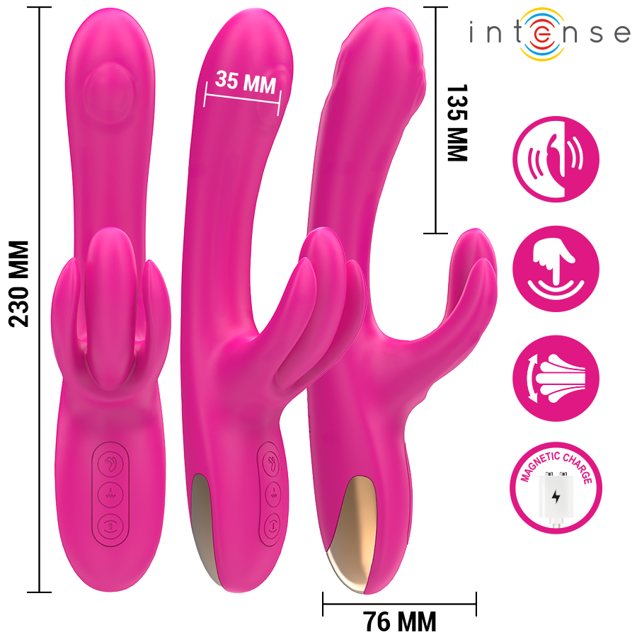 Trois vibromasseurs rabbit Christine en silicone rose, dimensions 230 mm de long et 76 mm, double stimulation point G et clitoris rechargeable avec pictogrammes fonctions.