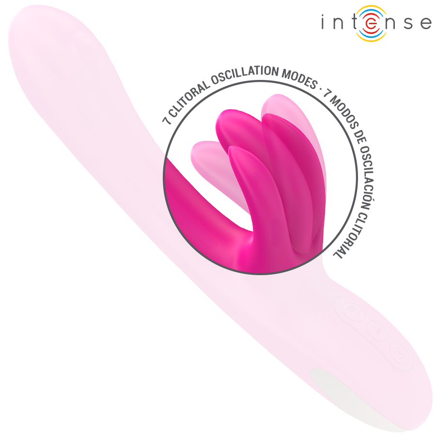 Gros plan sur la tete oscillante clitoridienne du vibromasseur rabbit Christine Intense en silicone rose, illustrant ses sept modes d'oscillation facon langue.