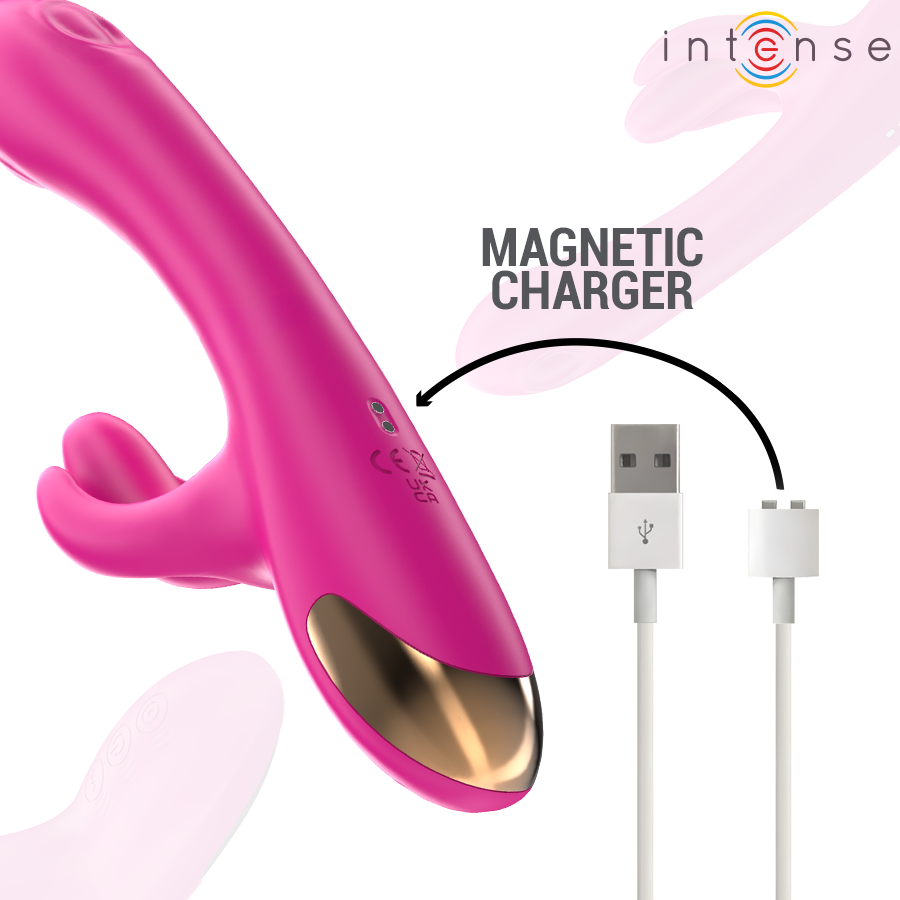 Vibromasseur rabbit Christine en silicone rose avec branche clitoridienne et son cable magnetique, modele rechargeable USB pour double stimulation interne et externe.