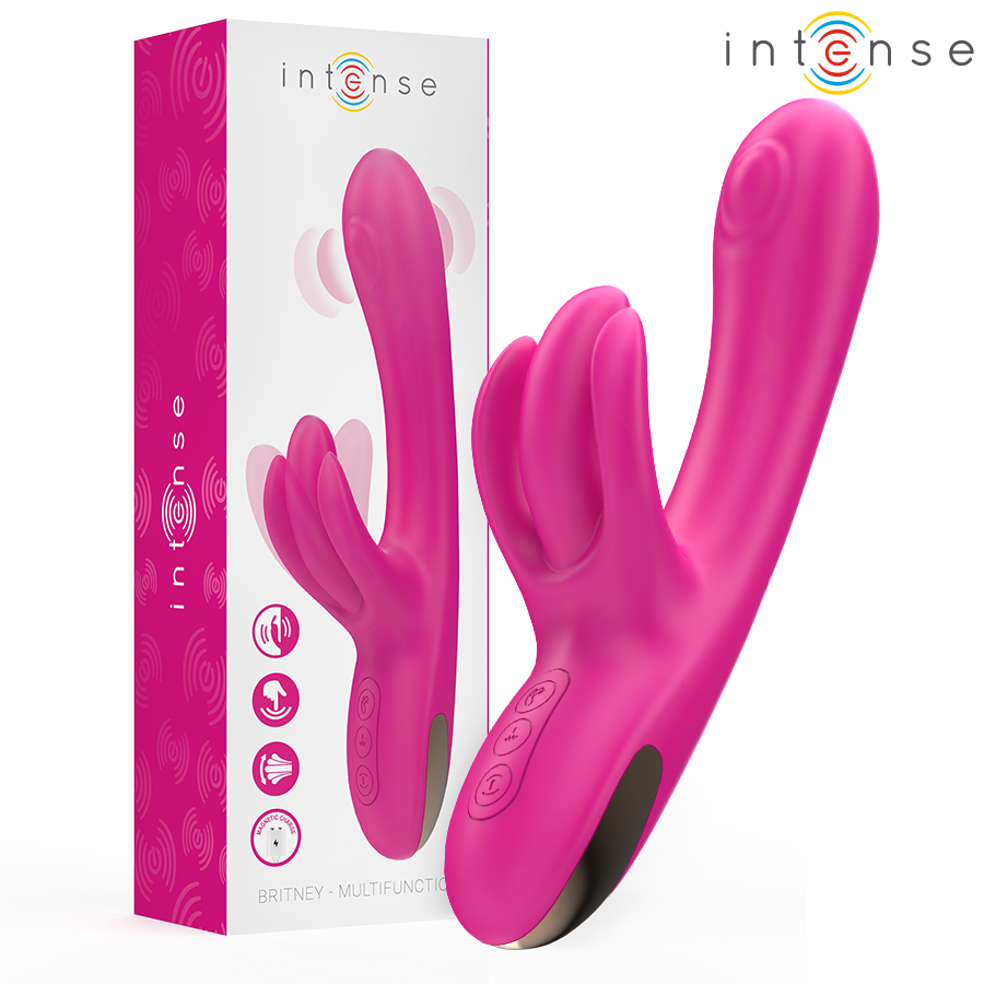 Boite rose Intense et vibromasseur rabbit Christine en silicone fuchsia a triple branche, double stimulation clitoris et point G avec sept modes de vibration.