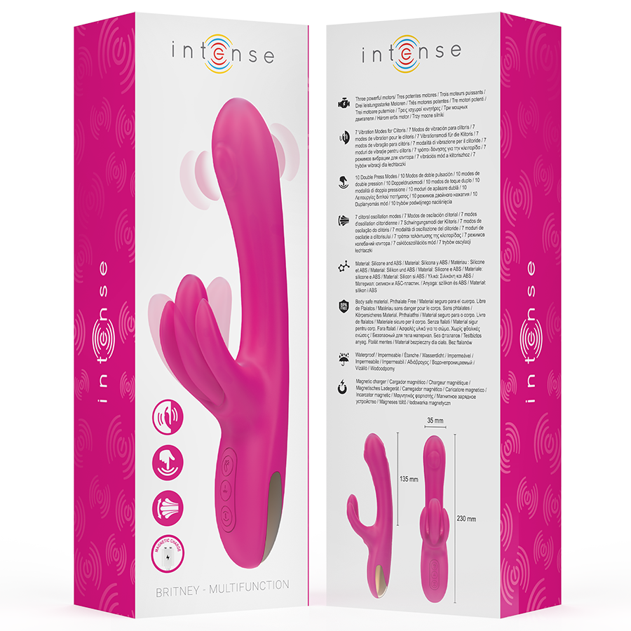 Boite rose Intense Christine ouverte et fermee avec notice et vignette produit, vibromasseur rabbit multifonction en silicone rose a double stimulation point G clitoris.