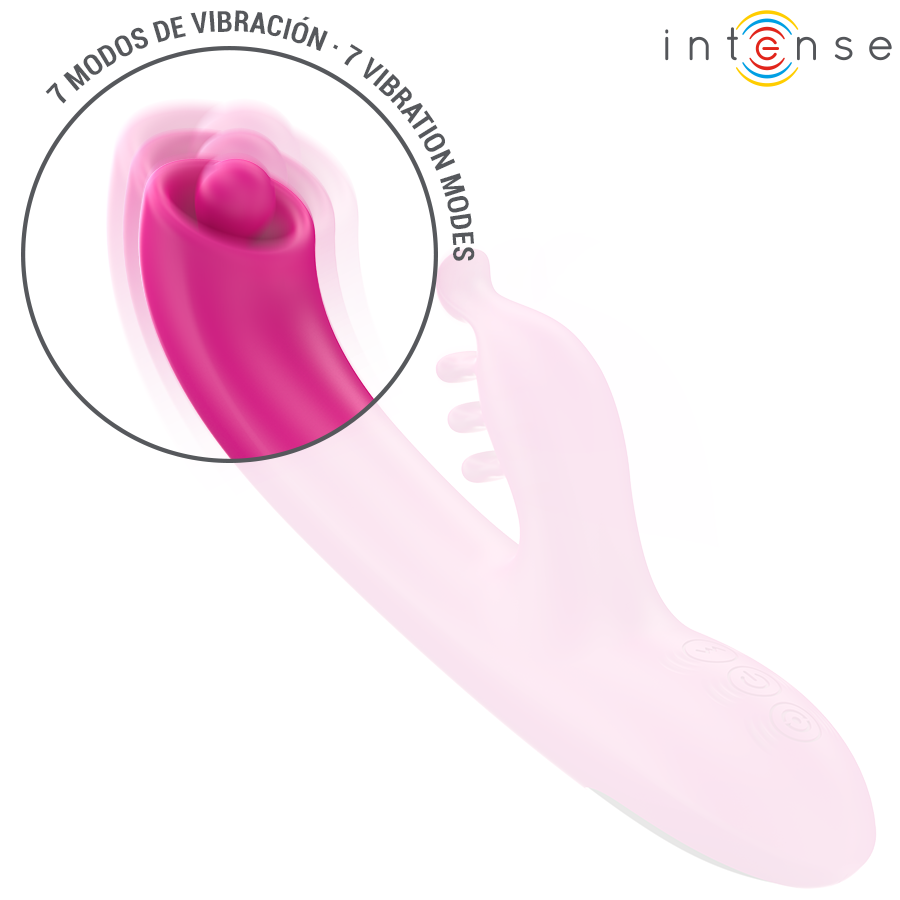 Gros plan sur la tete clitoridienne creuse en silicone rose du vibromasseur rabbit Intense, sept modes de vibration pour une stimulation enveloppante du clitoris.