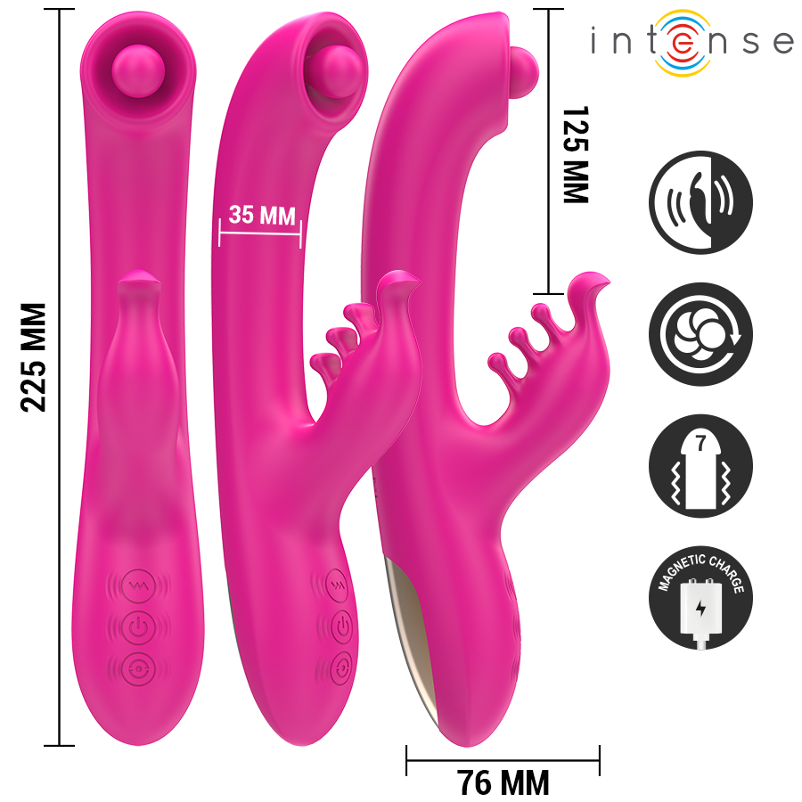 Trois vibromasseurs rabbit en silicone rose alignes, dimensions 225 mm et 76 mm avec largeur 35 mm, double stimulation point G et clitoris et pictogrammes de fonctions.