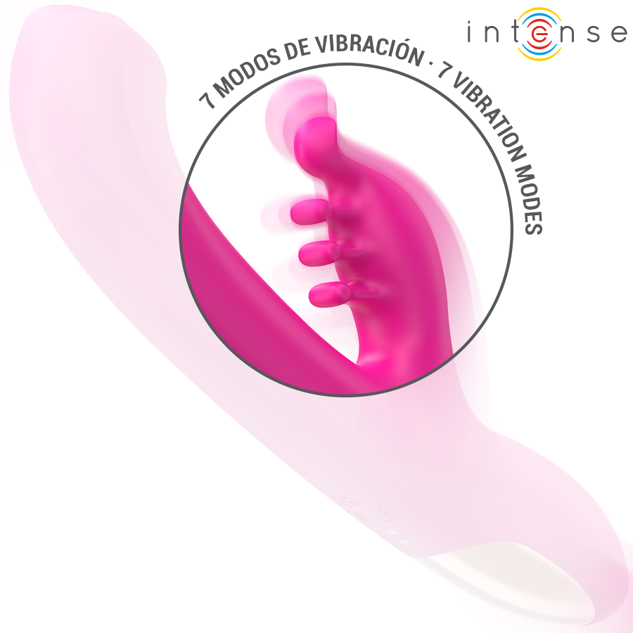 Gros plan sur la branche a picots souples en silicone fuchsia du vibromasseur rabbit Intense, sept modes de vibration pour caresser precisement le clitoris.