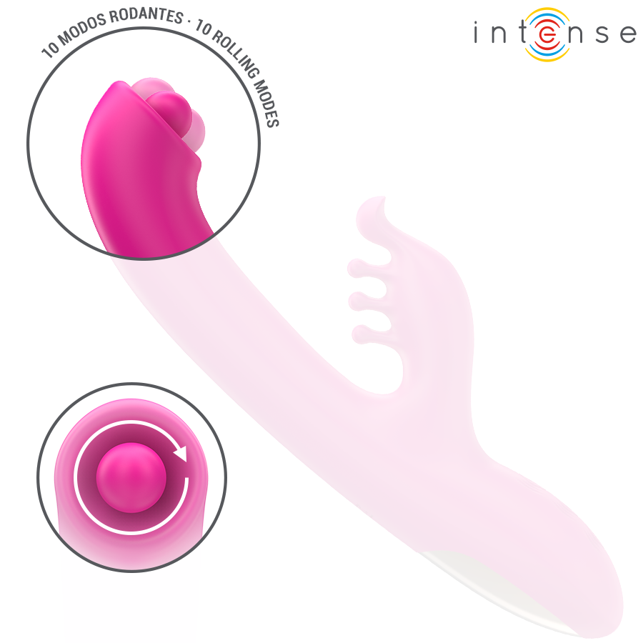 Gros plan sur la tete clitoridienne aux dix modes rotatifs du vibromasseur rabbit en silicone fuchsia Intense, illustrant le mouvement de roulement stimulant.