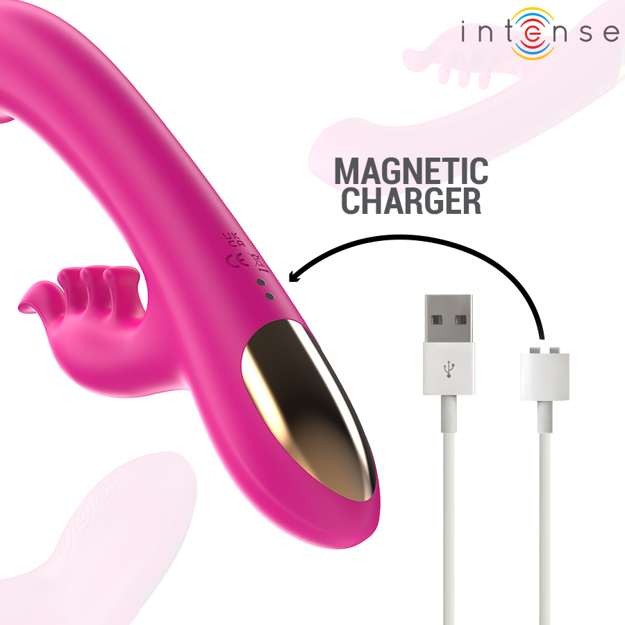 Vibromasseur rabbit fuchsia en silicone avec tete clitoridienne en fleur et son cable de charge magnetique, modele rechargeable a double stimulation point G clitoris.