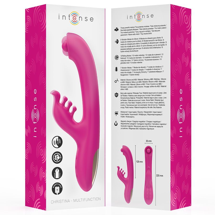 Boite rose Intense Christine du vibromasseur rabbit multifonction en silicone, presentation produit recto-verso avec notice et vignette de l'objet et de ses fonctions.