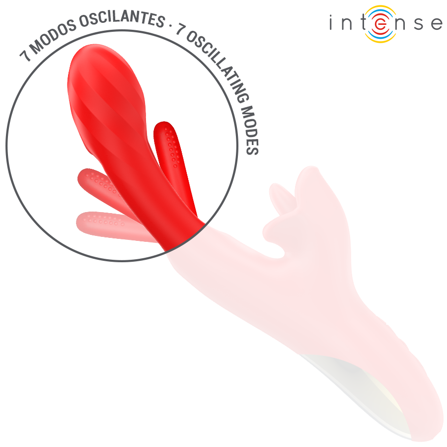 Gros plan sur la branche clitoridienne du vibromasseur rabbit Jessica en silicone rouge, sept modes oscillants pour une stimulation externe ciblee et douce.