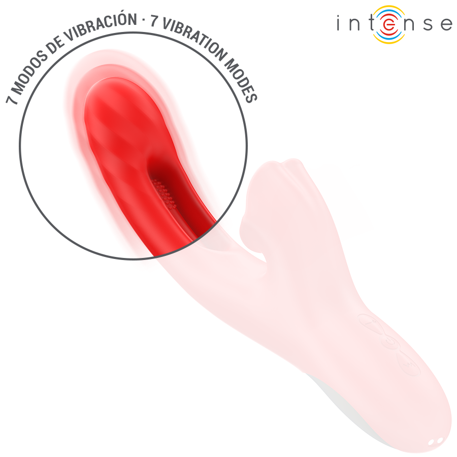 Gros plan sur la tige courbee point G du vibromasseur rabbit Jessica Intense en silicone rouge, sept modes de vibration pour une stimulation interne profonde.