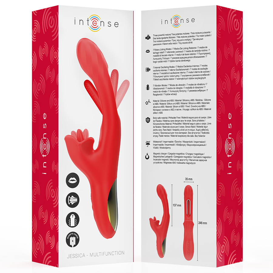 Boite rouge Intense Jessica du vibromasseur rabbit multifonction en silicone, presentation recto-verso avec notice et vignette de l'objet a triple stimulation.