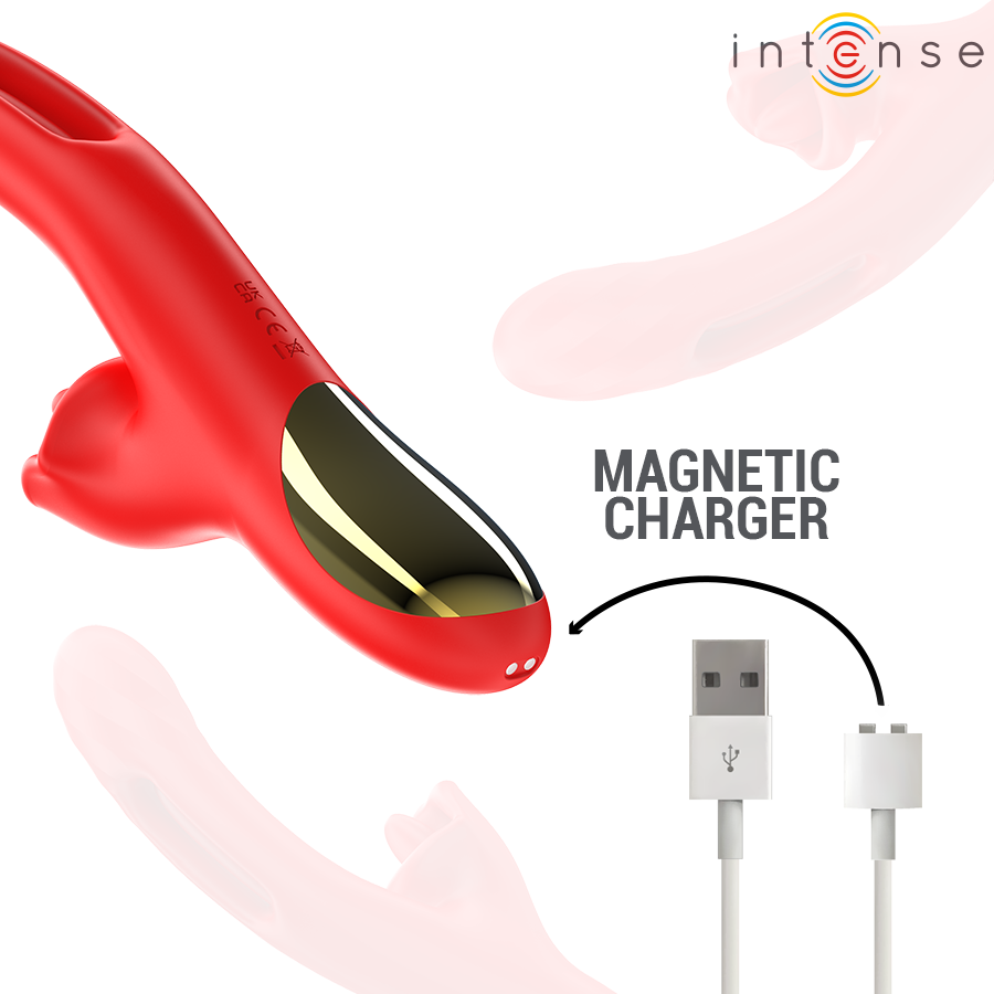 Vibromasseur rabbit Jessica en silicone rouge a tete clitoridienne avec son cable de charge magnetique, modele rechargeable multifonction double stimulation.