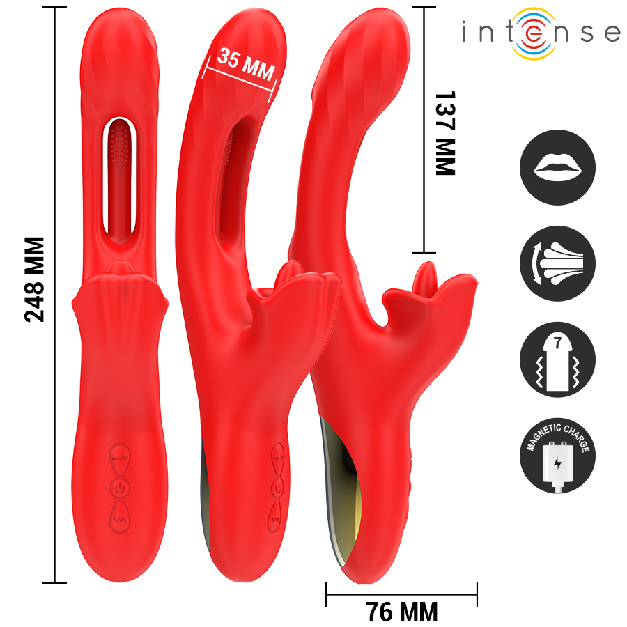 Trois vibromasseurs rabbit Jessica en silicone rouge alignes, dimensions 248 mm et 76 mm avec largeur 35 mm, fonctions de lechage et vibration et pictogrammes.