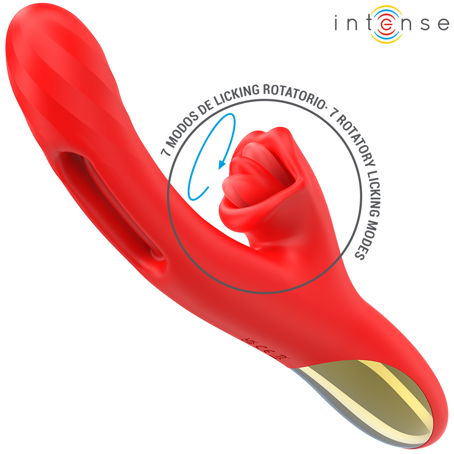 Gros plan sur la tete clitoridienne a langue rotative du vibromasseur rabbit Jessica Intense en silicone rouge, sept modes de lechage rotatif simulant la stimulation orale.