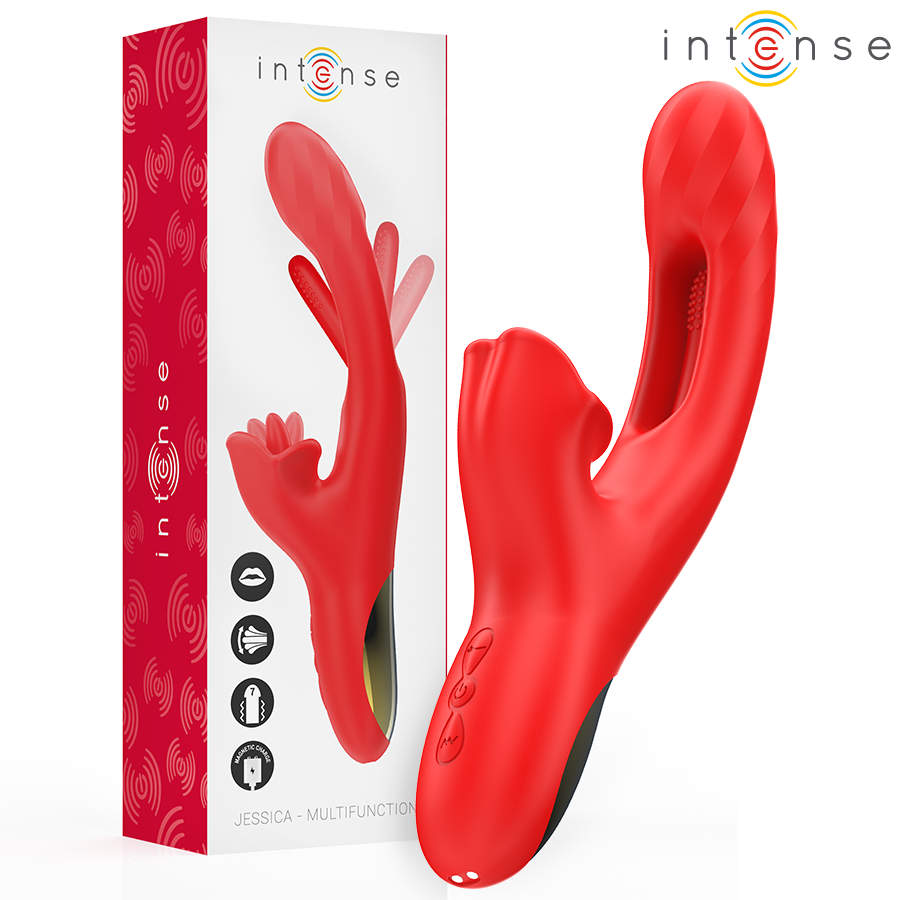 Boite rouge Intense Jessica et vibromasseur rabbit en silicone rouge a triple branche, double stimulation clitoris point G multifonction avec pictogrammes.