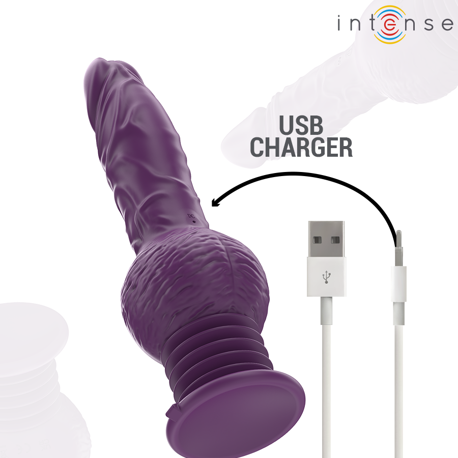 Vibromasseur Tatum violet a relief texture et ventouse pose pres de son cable de charge USB, modele rechargeable a va-et-vient pour stimulation mains libres.