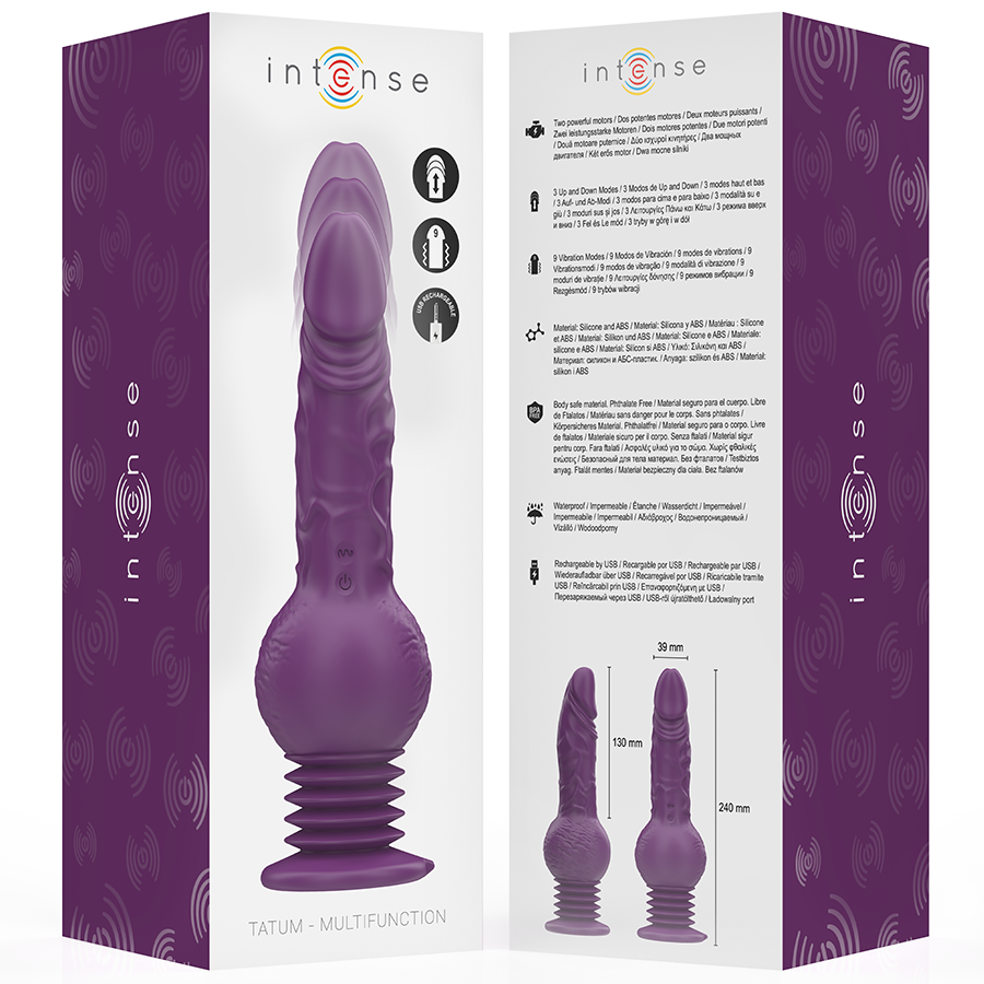 Boite violette Intense Tatum du vibromasseur multifonction a ventouse, presentation recto-verso avec notice et vignettes du modele a va-et-vient texture.
