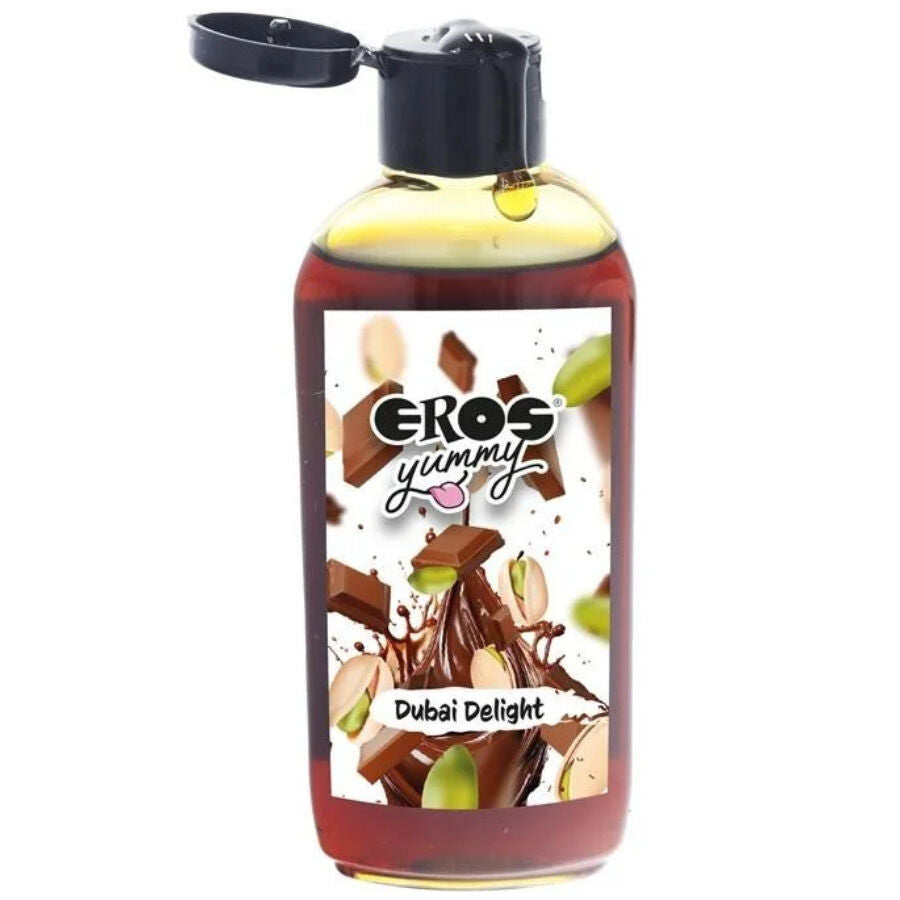 Lubrifiant gourmand Eros Yummy Dubai Delight pistache chocolat 100 ml, flacon ambre a bouchon rabattable, base eau parfumee douce qui se rince facilement.