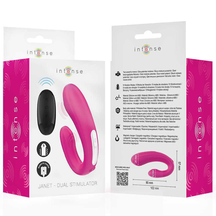 Emballage recto verso du stimulateur de couple Janet Intense rose, forme en U en silicone et notice pictogrammee, jouet double stimulation telecommande