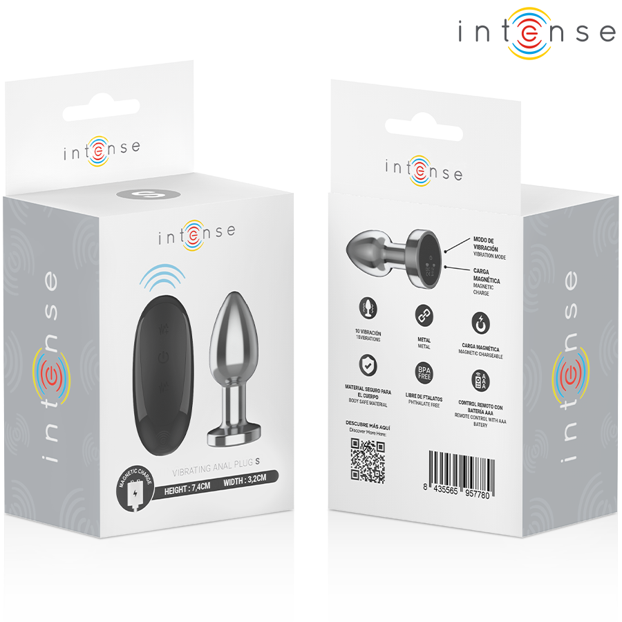 Emballages recto verso du plug anal vibrant Intense en metal, plug chrome et telecommande montres sous plusieurs angles, base evasee de securite rechargeable