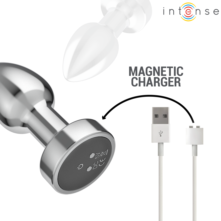 Plug anal en metal chrome a base ronde avec cable de charge magnetique, forme conique lisse bien visible, plug vibrant rechargeable jeux de temperature