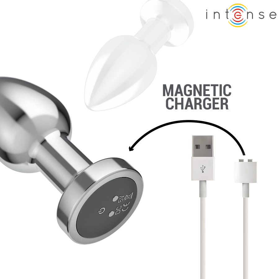 Plug anal en metal chrome a base ronde avec cable de charge magnetique, forme conique lisse bien visible, plug vibrant rechargeable jeux de temperature