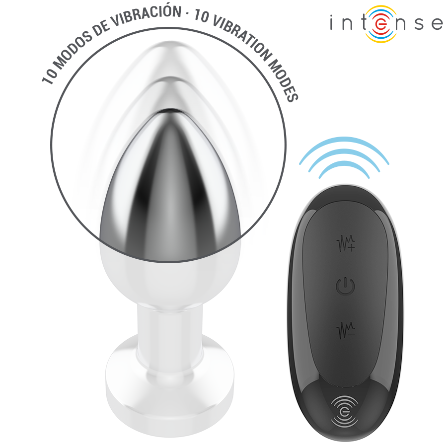 Plug anal en metal chrome conique avec telecommande, mention 10 modes de vibration, base de securite, surface polie pour jeux de froideur et stimulation anale