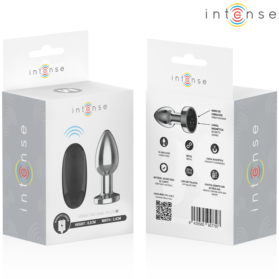 Emballage recto verso du plug anal vibrant Intense en metal a base ronde, plug chrome et telecommande visibles, base evasee de securite jouet rechargeable