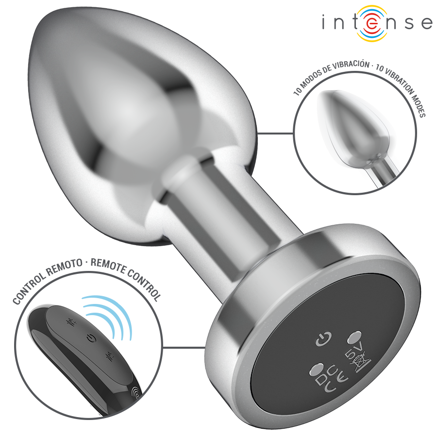 Gros plan du plug anal en metal chrome conique a base ronde avec telecommande, zoom sur les 10 modes de vibration commandes a distance, surface metallique lisse