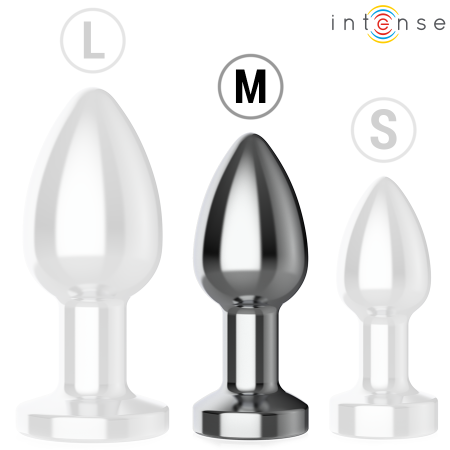 Plug anal Intense en metal presente en tailles L transparent, M chrome et S, formes coniques a base evasee, surface metallique lisse stimulation progressive