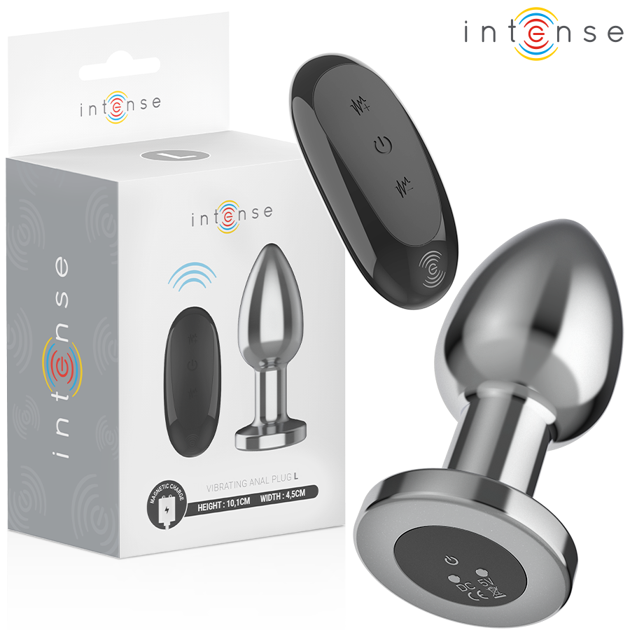 Boite grise du plug anal vibrant Intense avec telecommande et plug chrome conique a base ronde visibles, surface metallique lisse jeux de temperature