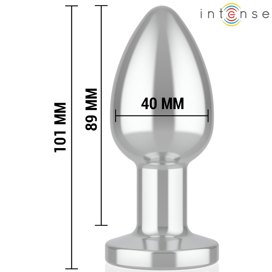 Plug anal Intense en metal chrome vu seul avec cotes 40 mm de large, 89 mm et 101 mm de long, forme conique a base ronde evasee, surface polie stimulation anale