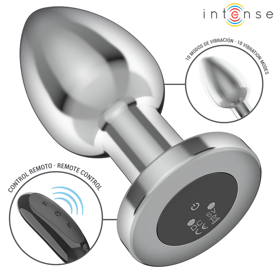 Gros plan du plug anal en metal chrome conique a base ronde avec telecommande, zoom sur les modes de vibration pilotes a distance, surface metallique lisse