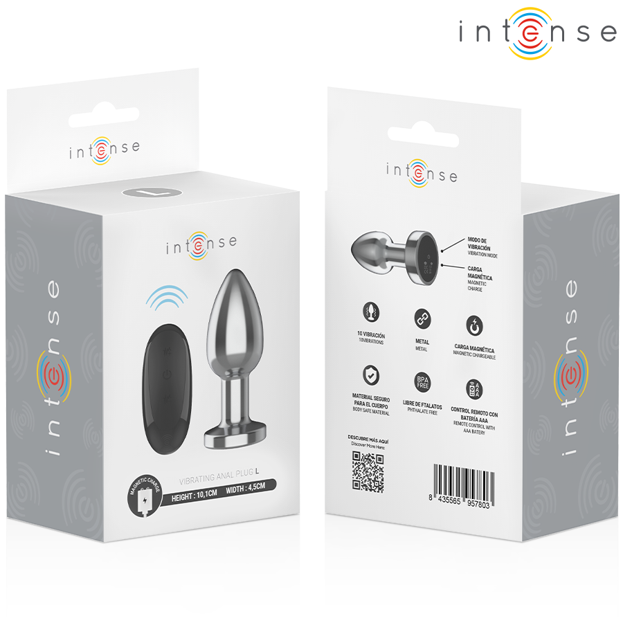 Boite produit Intense grise montrant le plug anal vibrant en metal et sa telecommande, pictogrammes techniques et code-barres, packaging neutre sans element anatomique.