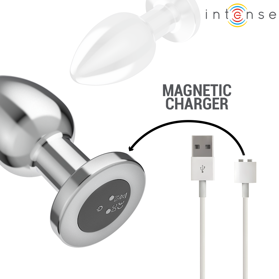 Plug anal en metal chrome a base ronde avec cable de charge magnetique, forme conique lisse visible, plug vibrant rechargeable pour jeux de temperature