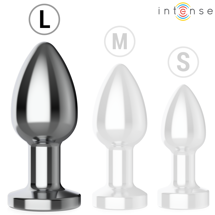 Trois plugs anaux Intense en metal lisse brillant presentes en tailles L, M et S, base evasee diamant sur fond blanc, surface non anatomique pour dilatation progressive.
