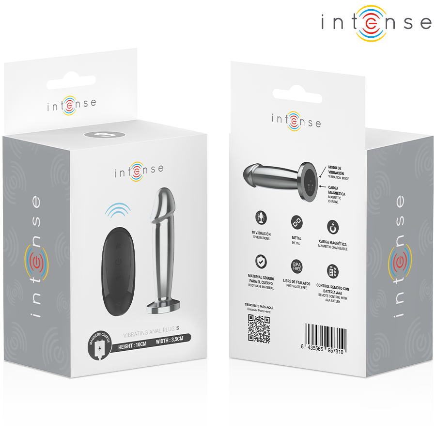 Boites grises Intense du plug anal en metal vibrant, recto et verso presentant les pictogrammes des fonctions, telecommande et charge, sur fond blanc