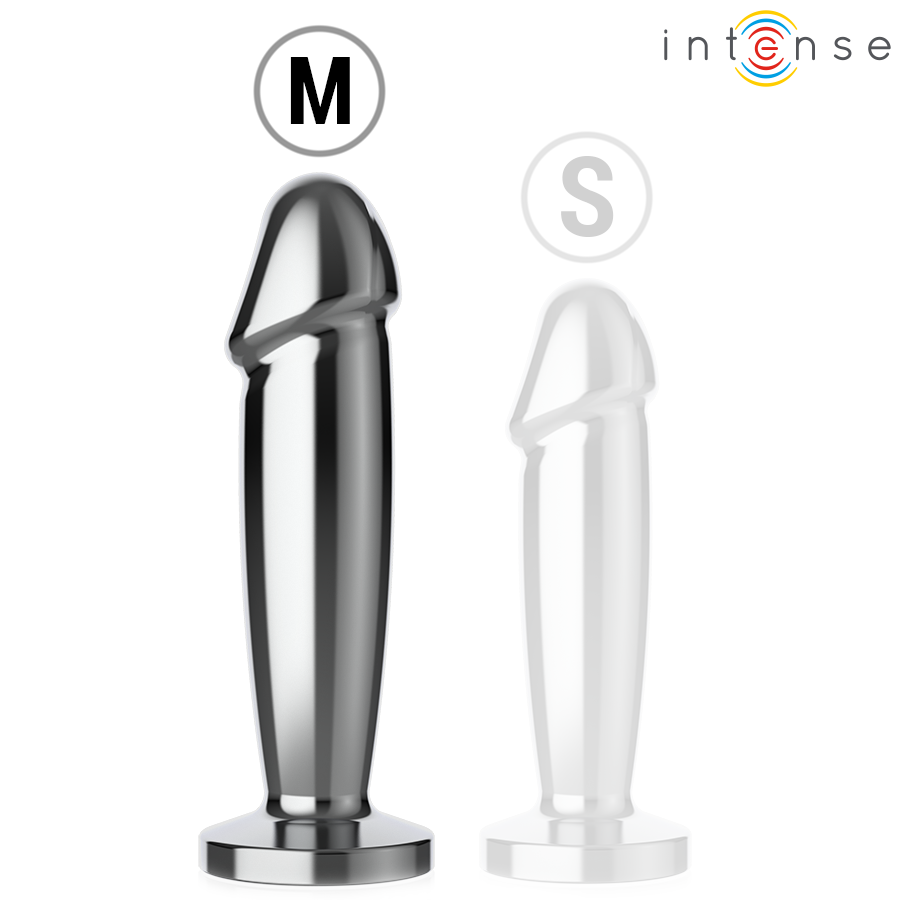 Comparatif des plugs anaux Intense tailles M et S, version metal chrome et version translucide, embouts galbes a base plate large pour un maintien sur
