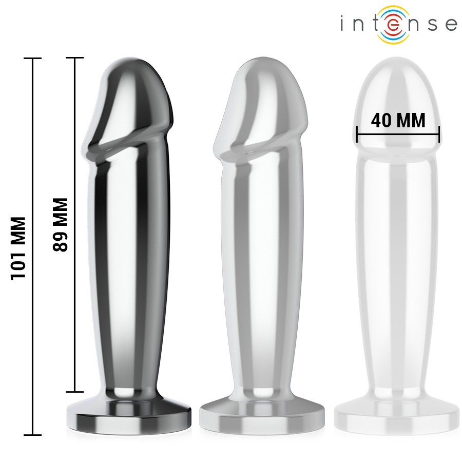 Trois plugs anaux Intense en metal et translucide alignes, schema indiquant 101 mm de hauteur et 40 mm de diametre, embouts galbes sur base plate evasee