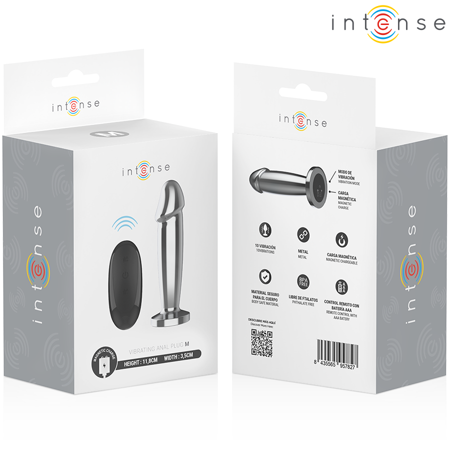 Boites grises Intense du plug anal en metal, recto verso avec pictogrammes des fonctions vibration et charge magnetique, presentation produit sur fond blanc