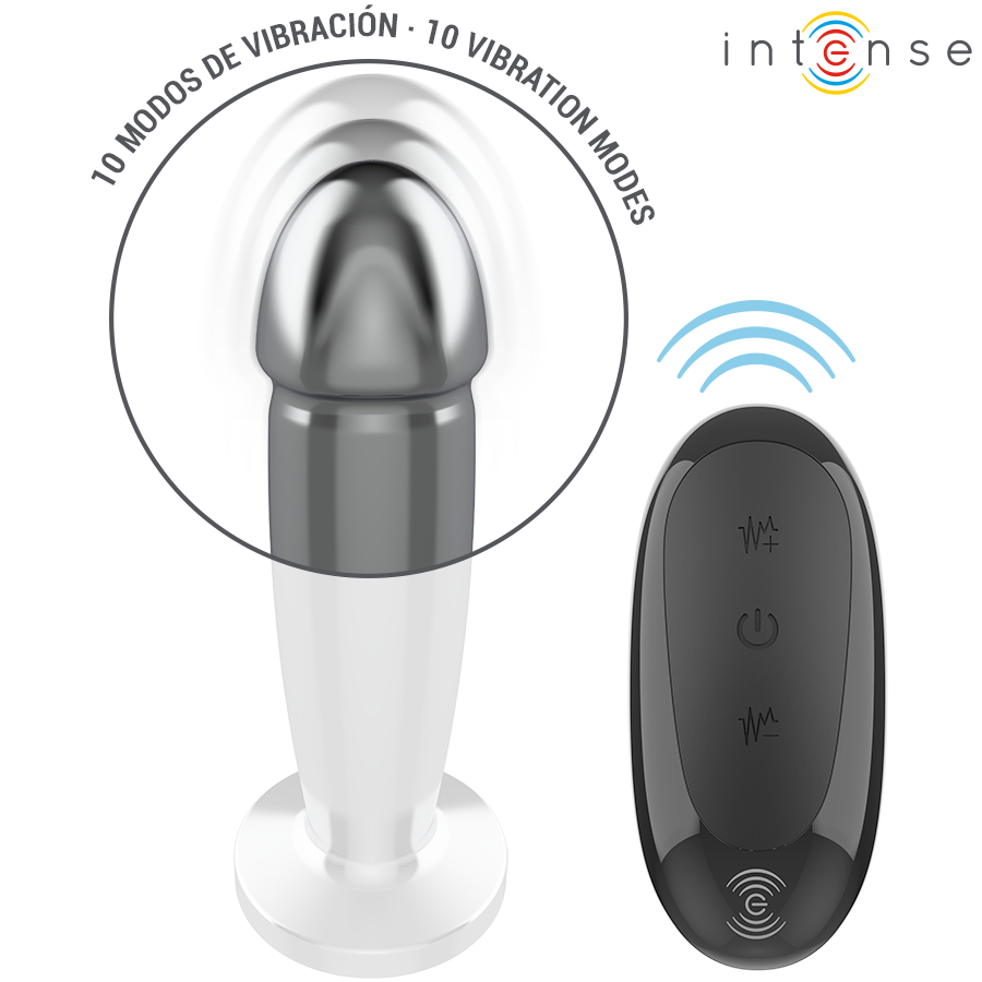 Plug anal Intense au corps transparent et tete metallique, presente avec sa telecommande noire et l'indication des dix modes de vibration, large base de maintien
