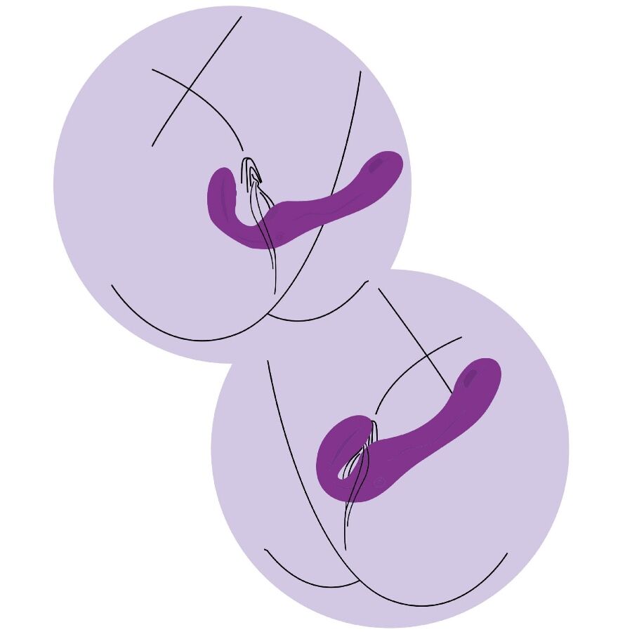 Schema d'usage du strap-on sans bretelles Xocoon illustrant deux positions de port en couple, jouet en silicone vibrant pilote par telecommande.