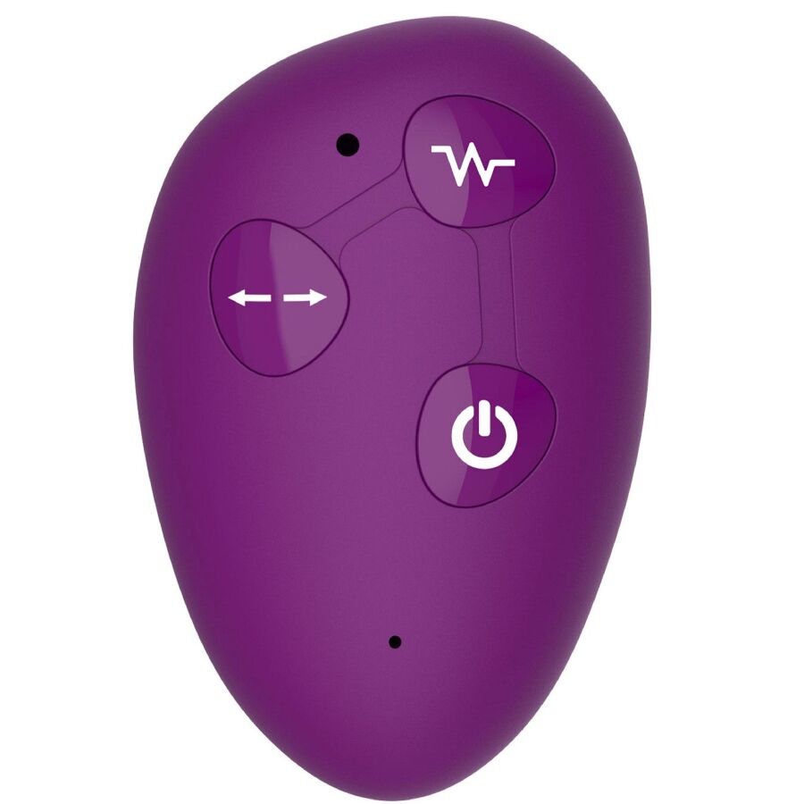 Telecommande sans fil violette du gode-ceinture Xocoon, boutons marche-arret, vibration et changement de mode, pour piloter les vibrations en couple mains libres.