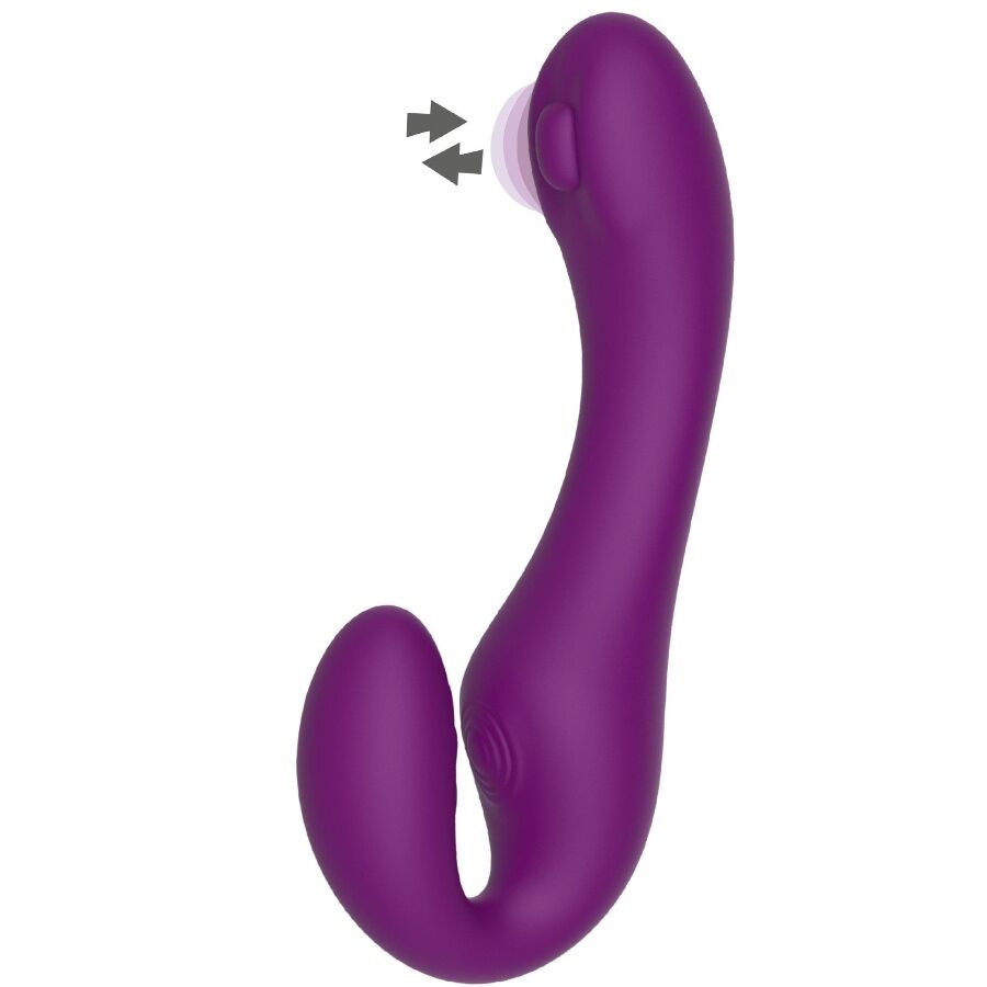 Gode-ceinture sans bretelles violet vu de profil avec vibrations animees sur la branche interne, double tige silicone courbe, strap-on transformable en rabbit.