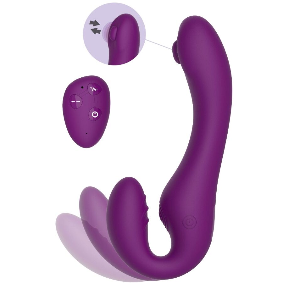 Gode-ceinture sans harnais violet vu de profil avec telecommande et zoom sur la branche vibrante interne, strap-on 2 en 1 silicone pilote a distance.