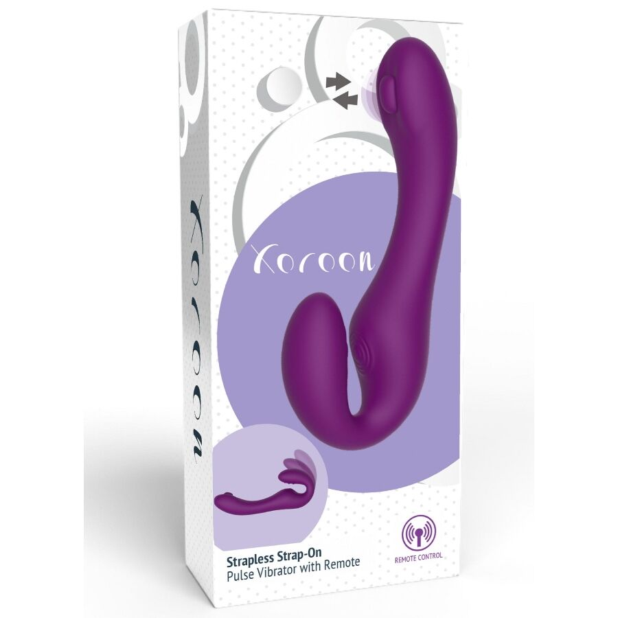Boite du Strapless Strap-On Xocoon, packaging blanc et lilas, visuel du jouet en silicone violet, mention vibrations a pulsations avec telecommande.