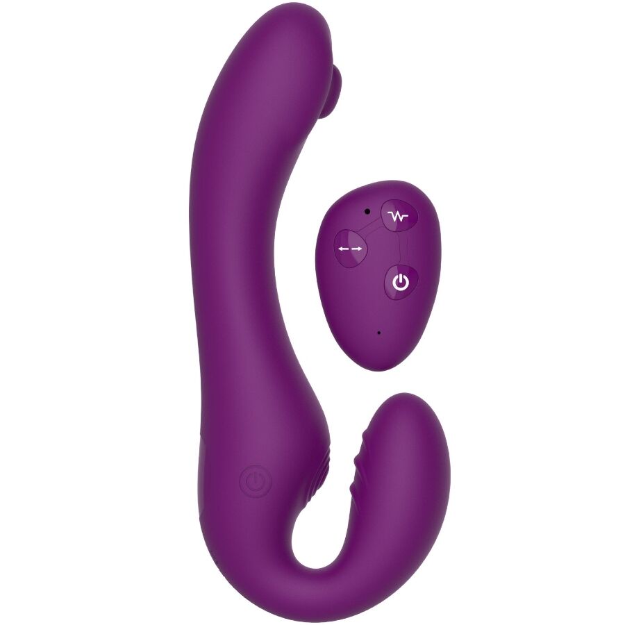Gode-ceinture vibrant sans bretelles Xocoon violet vu de face avec sa telecommande ovale, double extremite courbe silicone, strap-on 2 en 1 a trois moteurs.